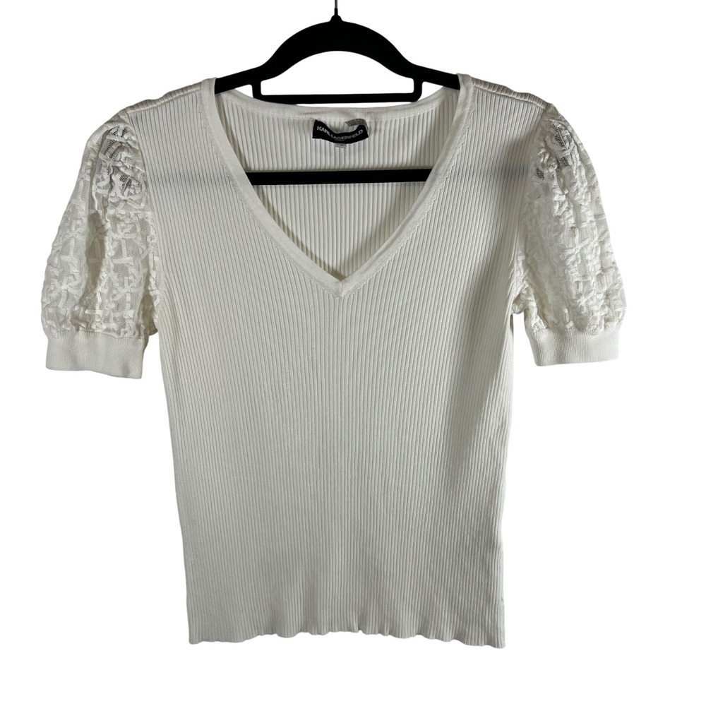 Karl Lagerfeld Paris White Ribbed V-Neck Lace‎ Puff Sleeve Top Small Designer
